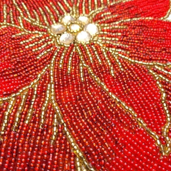 VTG Christmas Poinsettia Table Runner Beaded Floral Holiday Decor Party Display - Picture 8 of 8